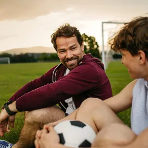 Mann und Junge mit einem Fußball